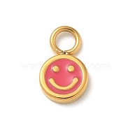 Ion Plating(IP) 304 Stainless Steel Enamel Charms, Real 14K Gold Plated, Flat Round with Smiling Face Charm, Cerise, 10x6x1.5mm, Hole: 2mm(STAS-G351-03G-03)