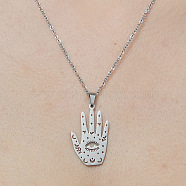 201 Stainless Steel Hollow Hamsa Hand with Eye Pendant Necklace, Stainless Steel Color, 17.72 inch(45cm)(NJEW-OY001-78)