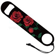 201 Stainless Steel Bottle Opener, with PU Leather Cord, Rectangle, Rose Pattern, 178x38x2mm(AJEW-WH0393-004)