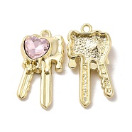 Glass Heart Key Pendants, with Light Gold Alloy Finding, Long-Lasting Plated, Cadmium Free & Lead Free, Pink, 28x15x5mm, Hole: 2mm(PALLOY-E024-29LG-02)
