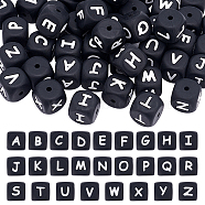 ARRICRAFT 52Pcs 26 Style Silicone Beads, Cube with Letter, Black, 12x12x12mm, Hole: 2mm, 2pcs/style(SIL-AR0001-03A)