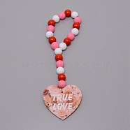 Valentine's Day Theme Schima Wood Beads Pendants Decorations, with Heart & Word TRUE LOVE, Pink, 260mm(HJEW-TAC0012-12)