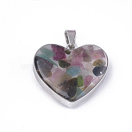 Natural Tourmaline Pendants, with Glass and 304 Stainless Steel Findings, Heart, Stainless Steel Color, 19x21x6mm, Hole: 3x5.5mm(STAS-T043-01E)