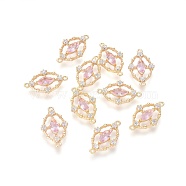 Cubic Zirconia Links connectors, with Glass and Brass Findings, Oval, Real 18K Gold Plated, Pink, 18.5x11.5x2.5mm, Hole: 1mm(ZIRC-G151-55A)