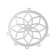 201 Stainless Steel Chandelier Component Links, Etched Metal Embellishments, Flat Round with Flower Connectors, Stainless Steel Color, 45x43x0.3mm, Hole: 2mm(STAS-K257-40P)