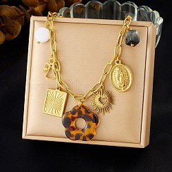 304 Stainless Steel & Resin & Imitation Pearl Multi-Pendant Bib Necklaces for Women, Golden, Flower, 16.02 inch(40.7cm)(SA-CBA717A-03G-01)