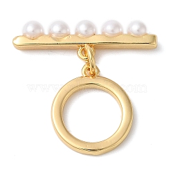 Brass with ABS Imitation Pearl Toggle Clasps, Real 18K Gold Plated, bar: 6.5x22.5x3.5mm, hole: 1.2mm, ring: 14.5x12.5x1.5mm, hole: 1.2mm(KK-N254-89G)