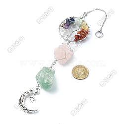 Natural Mixed Gemstone Chips Tree of Life Pendant Decorations, Alloy Moon Charms for Home Decorations, Stainless Steel Color, 310~325mm(HJEW-GO00107)