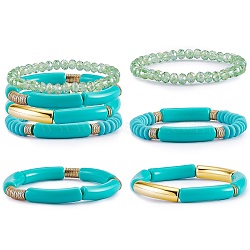 4Pcs 4 Style Acrylic Chunky Curved Tube Stretch Bracelet Sets, Polymer Clay & Glass Beads Stackable Bracelets for Women, Spring Green, Inner Diameter: 2-1/8 inch(5.3cm), 1Pc/style(BJEW-SW00074-07)