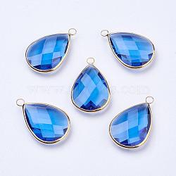Golden Tone Brass Glass Teardrop Pendants, Faceted, Dodger Blue, 18x10x5mm, Hole: 2mm(GLAA-M006-A-21G)