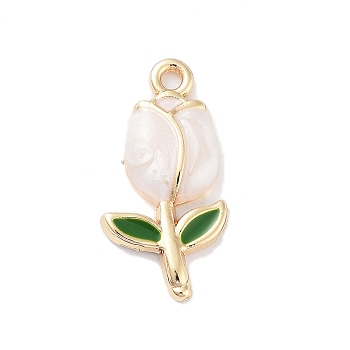 Golden Plated Alloy Enamel Pendants, Tulip Charms, White, 22x11x3mm, Hole: 1.6mm
