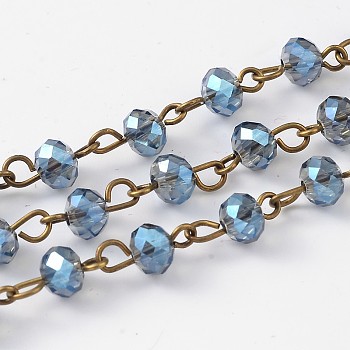 Handmade Electroplate Glass Faceted Rondelle Beads Chains for Necklaces Bracelets Making, with Antique Bronze Plated Brass Eye Pin, Unwelded, Steel Blue, 39.4 inch, about 92pcs/strand