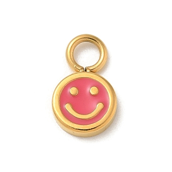 Ion Plating(IP) 304 Stainless Steel Enamel Charms, Real 14K Gold Plated, Flat Round with Smiling Face Charm, Cerise, 10x6x1.5mm, Hole: 2mm