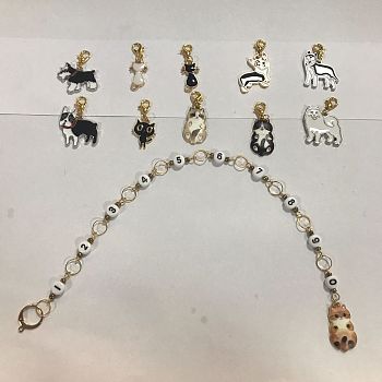 1 Set Acrylic Number Bead Knitting Row Counter Chains & Alloy Enamel Dog & Cat Charm Locking Stitch Markers, Mixed Color, Chain: 16cm, 1pc/set, Marker: 3.3~3.8cm, 10pcs/set