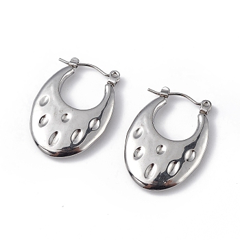 304 Stainless Steel Round Textured Teardrop Thick Hoop Earrings for Women, Stainless Steel Color, 25x18x3.5mm, Pin: 0.5mm