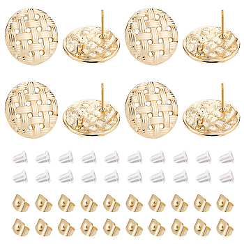 BENECREAT 10Pair Alloy Flat Round Stud Earring Findings, with Loop, with 50Pcs Plastic & 20Pcs 304 Stainless Steel Ear Nuts, Real 18K Gold Plated, 19.5mm, Hole: 3.5mm, Pin: 0.7mm