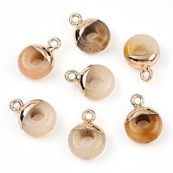 Natural Topaz Jade Flat Round/Donut Charms, with Rack Plating Golden Tone Brass Loops, 14x10mm