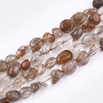 Natural Rutilated Quartz Beads Strands, Nuggets, Tumbled Stone, 4~13x5~8x4~7mm, Hole: 1mm, about 46~50pcs/strand, 15.1 inch~15.7 inch