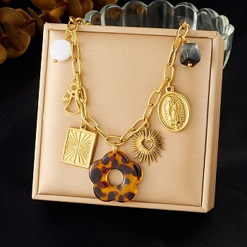 304 Stainless Steel & Resin & Imitation Pearl Multi-Pendant Bib Necklaces for Women, Golden, Flower, 16.02 inch(40.7cm)