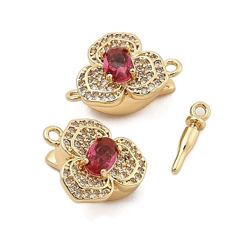 Brass Micro Pave Clear Cubic Zirconia Box Clasps, with Glass, Flower, Real 18K Gold Plated, 12.5x16.5x7.5mm, Hole: 1.2mm