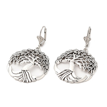 Alloy Tree of Life Dangle Leverback Earrings for Women, Antique Silver, 48x29.5mm