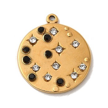 304 Stainless Steel Rhinestone Pendants, Flat Round with Star Charms, Golden, 21x18.5x2.4mm, Hole: 1mm