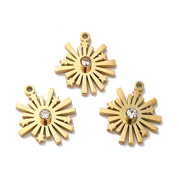 Ion Plating(IP) 304 Stainless Steel Pendants, with Crystal Rhinestone, Sun with Star Charms, Golden, 16x15x4mm, Hole: 1.4mm