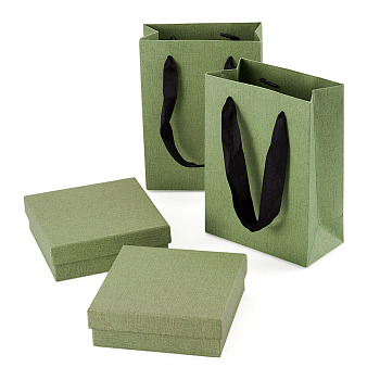 2Pcs Square Paper Jewelry Display Cases, Jewelry Set Cases for Rings Earrings Necklaces Bracelets Storage, with 2Pcs Paper Gift Tote Bags, Dark Sea Green, 11.2x11.2x3.9cm