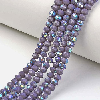 Electroplate Opaque Solid Color Glass Beads Strands, Half Rainbow Plated, Faceted, Rondelle, Medium Purple, 2.5x1.5mm, Hole: 0.4mm, about 150~155pcs/strand, 32~33cm