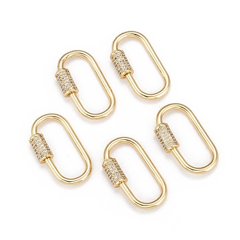 Brass Micro Pave Cubic Zirconia Screw Carabiner Lock Charms, for Necklaces Making, Long-Lasting Plated, Oval, Clear, Real 18K Gold Plated, 29.5x15x2.2mm