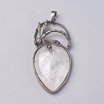 Natural Quartz Crystal Pendants, with Brass Findings, teardrop, Antique Silver, 52~53x27x10~11mm, Hole: 8x5mm