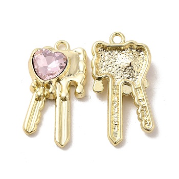 Glass Heart Key Pendants, with Light Gold Alloy Finding, Long-Lasting Plated, Cadmium Free & Lead Free, Pink, 28x15x5mm, Hole: 2mm