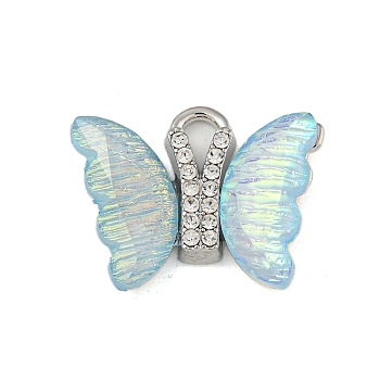 Iridescent Resin Pendants, Alloy Crystal Rhinestone Butterfly Charms, Sky Blue, 16x20x4.5mm, Hole: 3x2mm