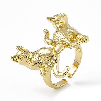 Rack Plating Brass Double Cat Open Cuff Ring for Women, Cadmium Free & Lead Free, Real 18K Gold Plated, US Size 6 1/2(16.9mm)