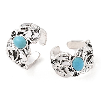 Oval Synthetic Turquoise Cuff Rings, Alloy Wide Band Open Rings for Women, Cadmium Free & Lead Free, Antique Silver, 15.5mm, Inner Diameter: Adjustable 