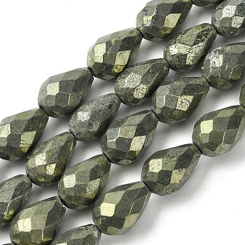 Natural Pyrite Beads Strands, Faceted Teardrop, 12~13x8~8.5x8~8.5mm, Hole: 1.2mm, about 31pcs/strand, 15~15.08''(38.1~38.3cm)