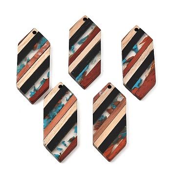 Transparent Resin & Walnut Wood Pendants, Hexagon Charms, Colorful, 43.5x17x3.5mm, Hole: 2mm