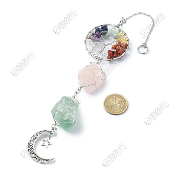 Natural Mixed Gemstone Chips Tree of Life Pendant Decorations, Alloy Moon Charms for Home Decorations, Stainless Steel Color, 310~325mm