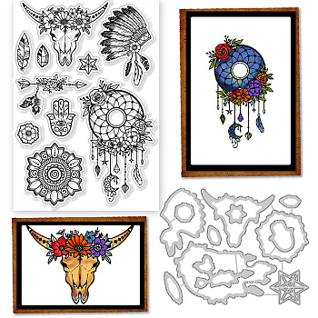1Pc Western Theme Carbon Steel Cutting Dies Stencils, for DIY Scrapbooking, Photo Album, Decorative Embossing Paper Card, Stainless Steel Color, with 1Pc Plastic Clear Stamps, Mixed Shapes, Cutting Dies Stencils: 137x107x0.8mm, Stamps: 160x110x3mm
