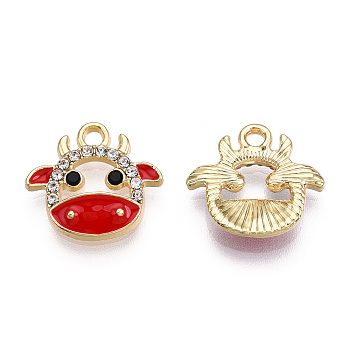 Eco-Friendly Zinc Alloy Charms, with Enamel and Crystal Rhinestone, Cadmium Free & Nickel Free & Lead Free, Cow, Light Gold, Red, 14x15x3mm, Hole: 1.8mm