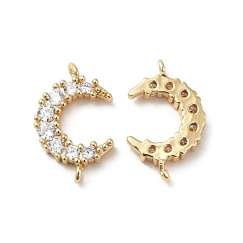 Brass Pave Clear Cubic Zirconia Connector Charms, Moon Links, Real 18K Gold Plated, 15x10x2.5mm, Hole: 1mm