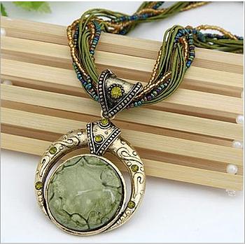 Bohemian Style Flat Round Alloy & Resin Imitation Gems Pendant Necklaces, Glass Seed Beaded Necklaces, Antique Golden, Dark Sea Green, 18.90 inch(48cm)