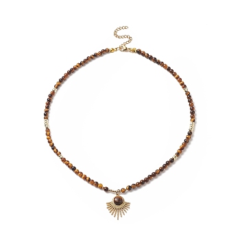 Natural Tiger Eye Beaded Necklaces, 304 Stainless Steel Fan Pendant Necklaces with Lobster Claw Clasp & Chain Extender for Women, 16-3/4 inch(42.5cm)