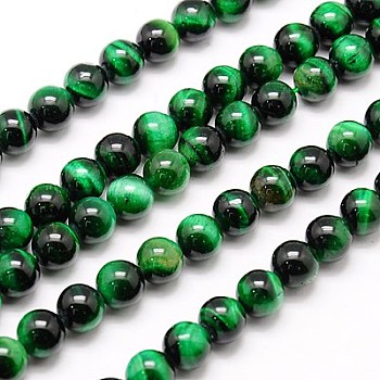 Natural Tiger Eye Beads Strands, Dyed, Round, Green, 10mm, Hole: 1mm, about 38pcs/strand, 15 inch