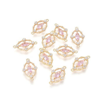 Cubic Zirconia Links connectors, with Glass and Brass Findings, Oval, Real 18K Gold Plated, Pink, 18.5x11.5x2.5mm, Hole: 1mm