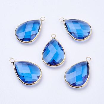 Golden Tone Brass Glass Teardrop Pendants, Faceted, Dodger Blue, 18x10x5mm, Hole: 2mm