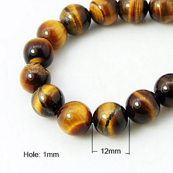 Natural Tiger Eye Beads Strands, Grade A, Round, Goldenrod, 12mm