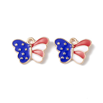 American Flag Style Alloy Enamel Pendants, Light Gold, Butterfly with Star Charm, Blue, 13x18x2.5mm, Hole: 2mm