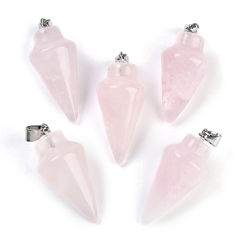 Natural Rose Quartz Gemstone Pointed Pendants, Bullet Shaped Charms with Platinum Metal Snap on Bails, 34x15mm, Hole: 7x3.5mm