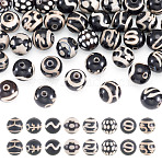 48Pcs 8 Styles Tibetan Style dZi Beads, Natural Agate Beads, Round, Black, Dyed & Heated, Mixed Patterns, 8mm, Hole: 1mm, 6pcs/style(G-TA0003-33)